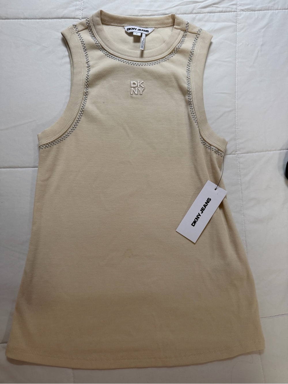NWT DKNY Jeans Cream Beige Ribbed Knit Embroidered Logo Tank Top